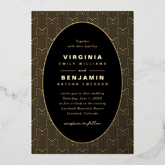 Invitación Con Relieve Metalizado Boda geométrico negro (Anverso)