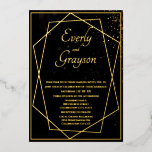 Invitación Con Relieve Metalizado Boda Geométrico Negro y Oro