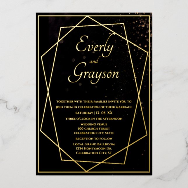 Invitación Con Relieve Metalizado Boda Geométrico Negro y Oro (Anverso)