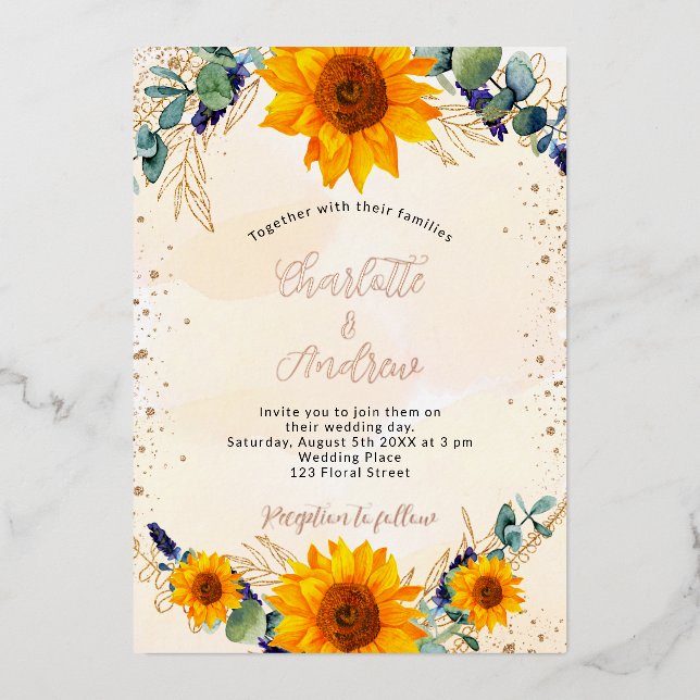 Invitación Con Relieve Metalizado Boda girasoles eucalipto de oro rústico (Anverso)