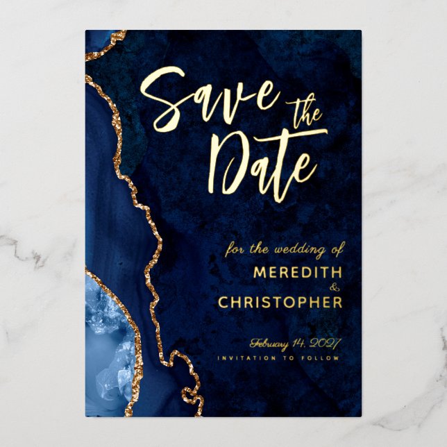 Invitación Con Relieve Metalizado Boda Gold Blue Agate Save the Date Gold (Anverso)