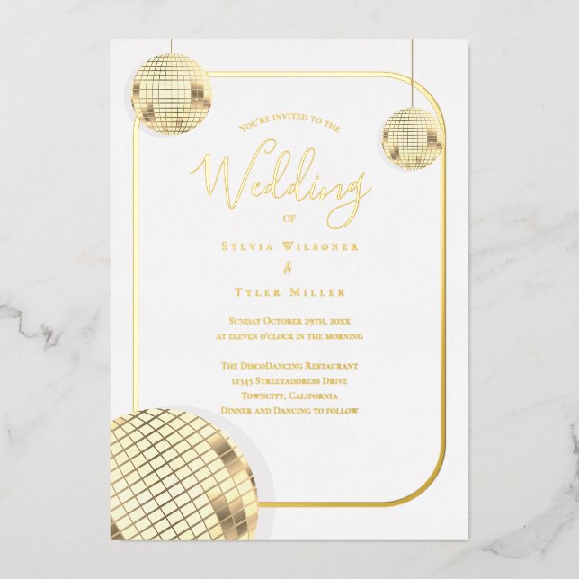 Invitación Con Relieve Metalizado Boda Gold Disco Ball (Anverso)