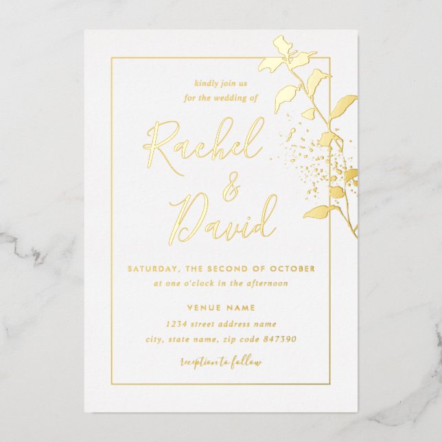 Invitación Con Relieve Metalizado Boda Gold Floral Leaf (Anverso)