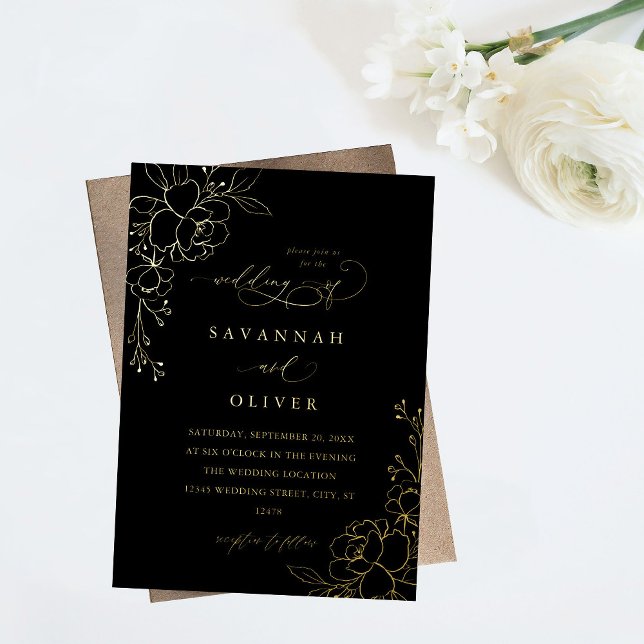Invitación Con Relieve Metalizado Boda Gold Lined Floral Black & Gold (Subido por el creador)