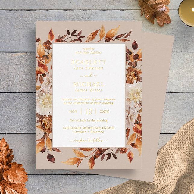 Invitación Con Relieve Metalizado Boda Gold Modern Fall (Gold Modern Fall Floral Taupe Wedding Foil Invitation by Painted Paperie
)