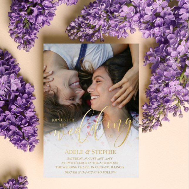 Invitación Con Relieve Metalizado Boda Gold Script Foto de doble cara (Subido por el creador)