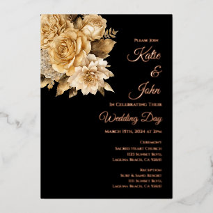 Invitación Con Relieve Metalizado Boda Golden Bouquet-Black y Gold