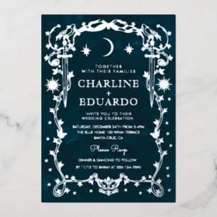 Invitación Con Relieve Metalizado Boda gótica celestial con papel de plata
