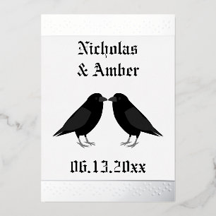 Invitación Con Relieve Metalizado Boda Gótica Cuervos Besándose Personalizada