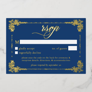 Invitación Con Relieve Metalizado Boda Gótica de Pergamino de Oro Azul Ornamentado V