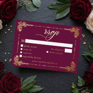 Invitación Con Relieve Metalizado Boda Gótica de Pergamino Dorado Burgundy Ornate Vi