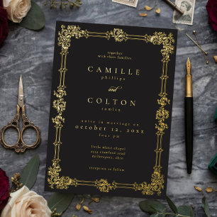 Invitación Con Relieve Metalizado Boda Gótica de Rollo de Oro Negro Ornate Vintage