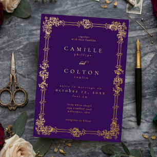 Invitación Con Relieve Metalizado Boda Gótica de Rollo de Oro Púrpura Ornata Vintage