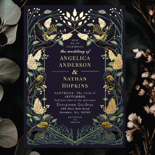 Invitación Con Relieve Metalizado Boda Gótica Lila Cuervo Encantado