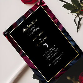 Invitación Con Relieve Metalizado Boda Gótica Negro Rojo Satén Luna Creciente Dorado