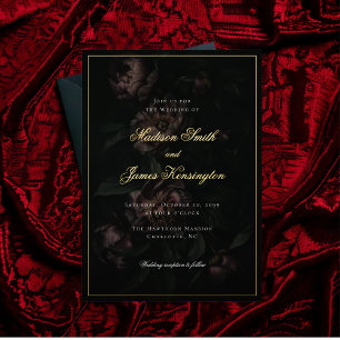 Invitación Con Relieve Metalizado Boda Gótica Romántica Flores Oscuras Doradas