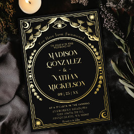Invitación Con Relieve Metalizado Boda Gótica Tarot Dorado Místico Elegante