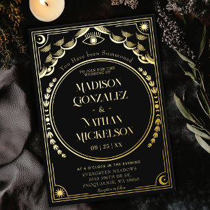 Invitación Con Relieve Metalizado Boda Gótica Tarot Dorado Místico Elegante