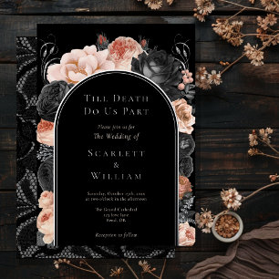 Invitación Con Relieve Metalizado Boda gótica vintage en negro FOIL hasta la muerte