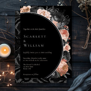 Invitación Con Relieve Metalizado Boda gótica vintage negra con foil Blush