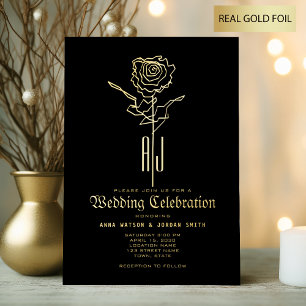 Invitación Con Relieve Metalizado Boda gótico dorado y negro