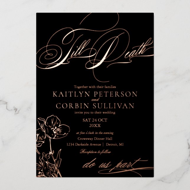 Invitación Con Relieve Metalizado Boda gótico elegante de flores silvestres (Anverso)