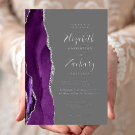 Invitación Con Relieve Metalizado Boda Gris Agata Plateado Morado Moderno