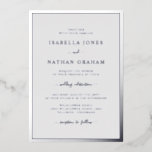 Invitación Con Relieve Metalizado Boda gris plateado<br><div class="desc">Invitación al Relieve metalizado Boda Gris plateado. Sencilla y elegante,  esta invitación formal a la boda incluye un elegante borde y un elegante guión caligráfico presionado en Relieve metalizado plateado real.</div>