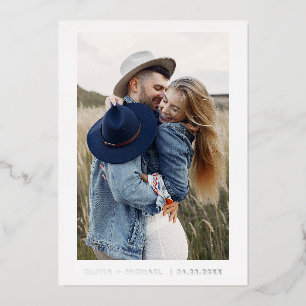 Invitación Con Relieve Metalizado Boda Guardar la Fecha Foto Minimalista Plata