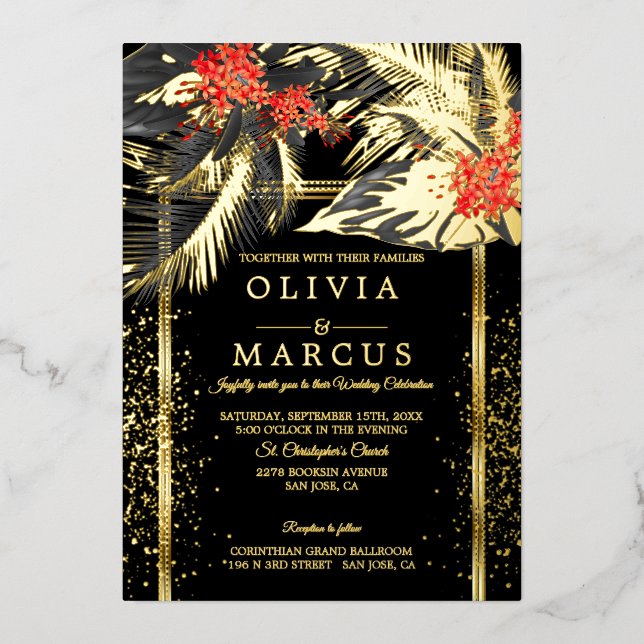 Invitación Con Relieve Metalizado Boda | Helecho Tropical Negro Plumeria Carmesí (Anverso)