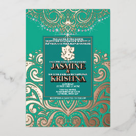 Invitación Con Relieve Metalizado Boda hindú LuxGlitter Peacock PinkGold Ganesha