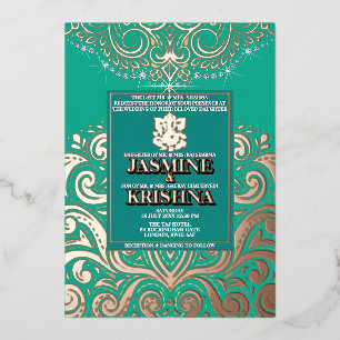 Invitación Con Relieve Metalizado Boda hindú LuxGlitter Peacock PinkGold Ganesha