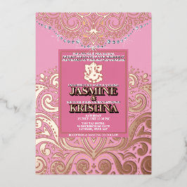 Invitación Con Relieve Metalizado Boda hindú LuxGlitter PinkGold Ganesha