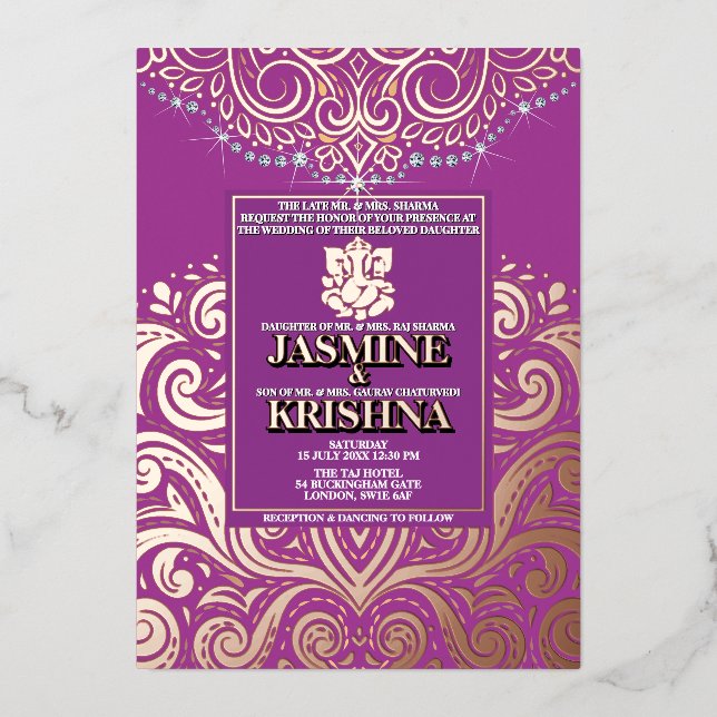 Invitación Con Relieve Metalizado Boda hindú LuxGlitter PinkGold púrpura Ganesha (Anverso)
