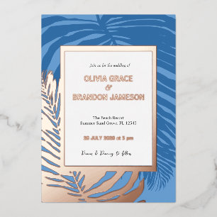 Invitación Con Relieve Metalizado Boda Hoja de Palma Tropical Azul Oceánico