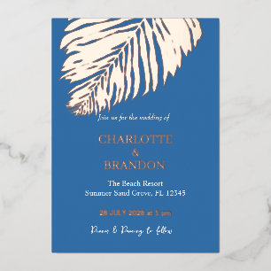 Invitación Con Relieve Metalizado Boda Hoja de Palma Tropical Azul Oceánico Dorado