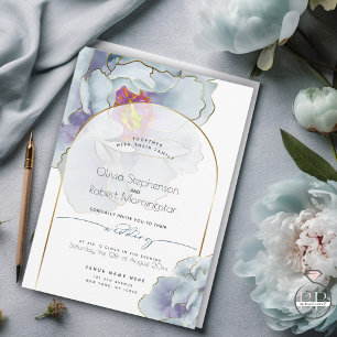 Invitación Con Relieve Metalizado Boda Impresionante Peonía Azul Polvoriento