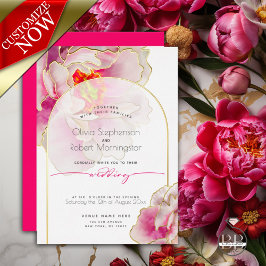 Invitación Con Relieve Metalizado Boda | Impresionante Peonía Carmesí Brillante y Au