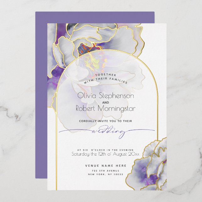 Invitación Con Relieve Metalizado Boda | Impresionante Peonía Púrpura (Anverso/Reverso)