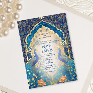 Invitación Con Relieve Metalizado Boda India de lujo elegante vintage oro pavo real