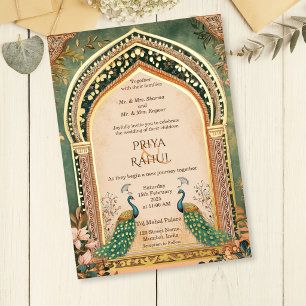 Invitación Con Relieve Metalizado Boda India de lujo elegante vintage pavo real dora