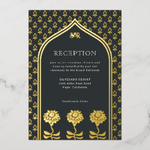 Invitación Con Relieve Metalizado Boda india de recepción floral de caléndula dorada
