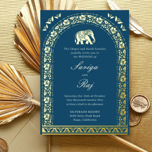 Invitación Con Relieve Metalizado Boda India Elefante Dorado y Flor de Loto