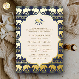 Invitación Con Relieve Metalizado Boda India Foto Elefante Azul Marino Dorado