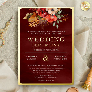 Invitación Con Relieve Metalizado Boda India Foto Floral Granate Dorado