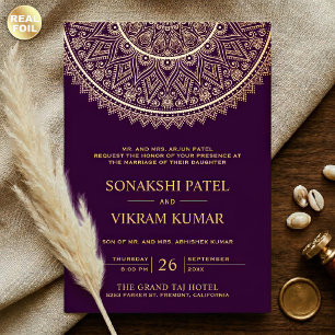 Invitación Con Relieve Metalizado Boda India Mandala Tradicional Púrpura Dorado