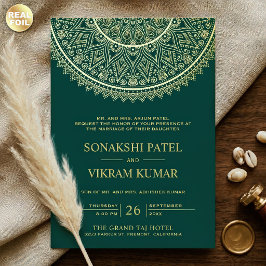 Invitación Con Relieve Metalizado Boda India Mandala Tradicional Teal Gold