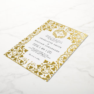 Invitación Con Relieve Metalizado Boda Inicial de Marco Floral de Oro Elegante Blanc