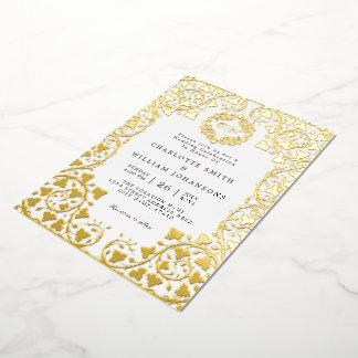 Invitación Con Relieve Metalizado Boda inicial de marco floral dorado elegante blanc