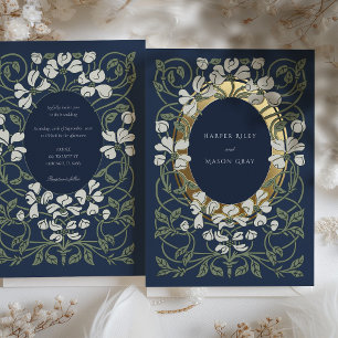 Invitación Con Relieve Metalizado Boda inspirada en el arte Nouveau azul marino